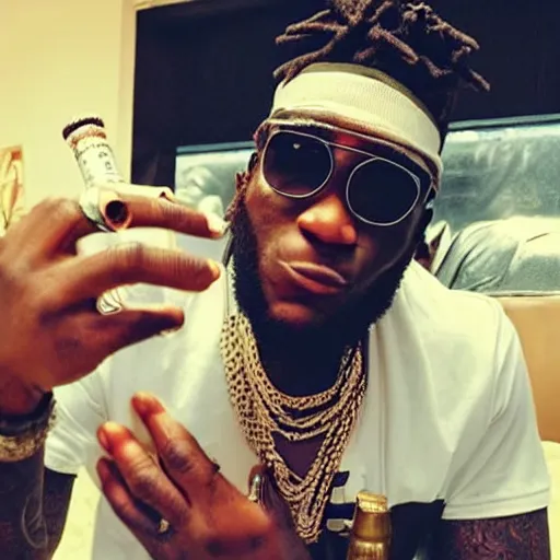 Image similar to burna boy, at church, rolling a cigarette, with a bottle of liquor next to him