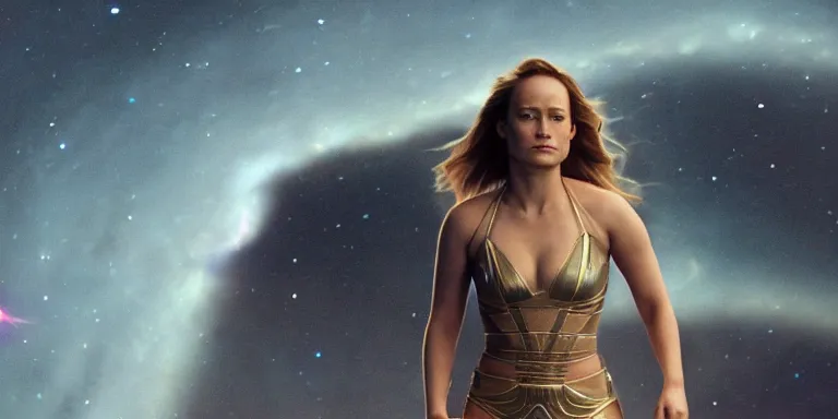 Image similar to film still of very curvy brie larson, focus on facial - detail!!!!!!, walking on a bridge, similar to the bifrost, toward an endless abyss in space, wearing a flowy bikini inspired by ancient roman clothing, beautiful astronomical background with galaxies and nebulas, lack of sunlight, 8 k resolution, cinematic lighting, anatomically correct, by christopher nolan