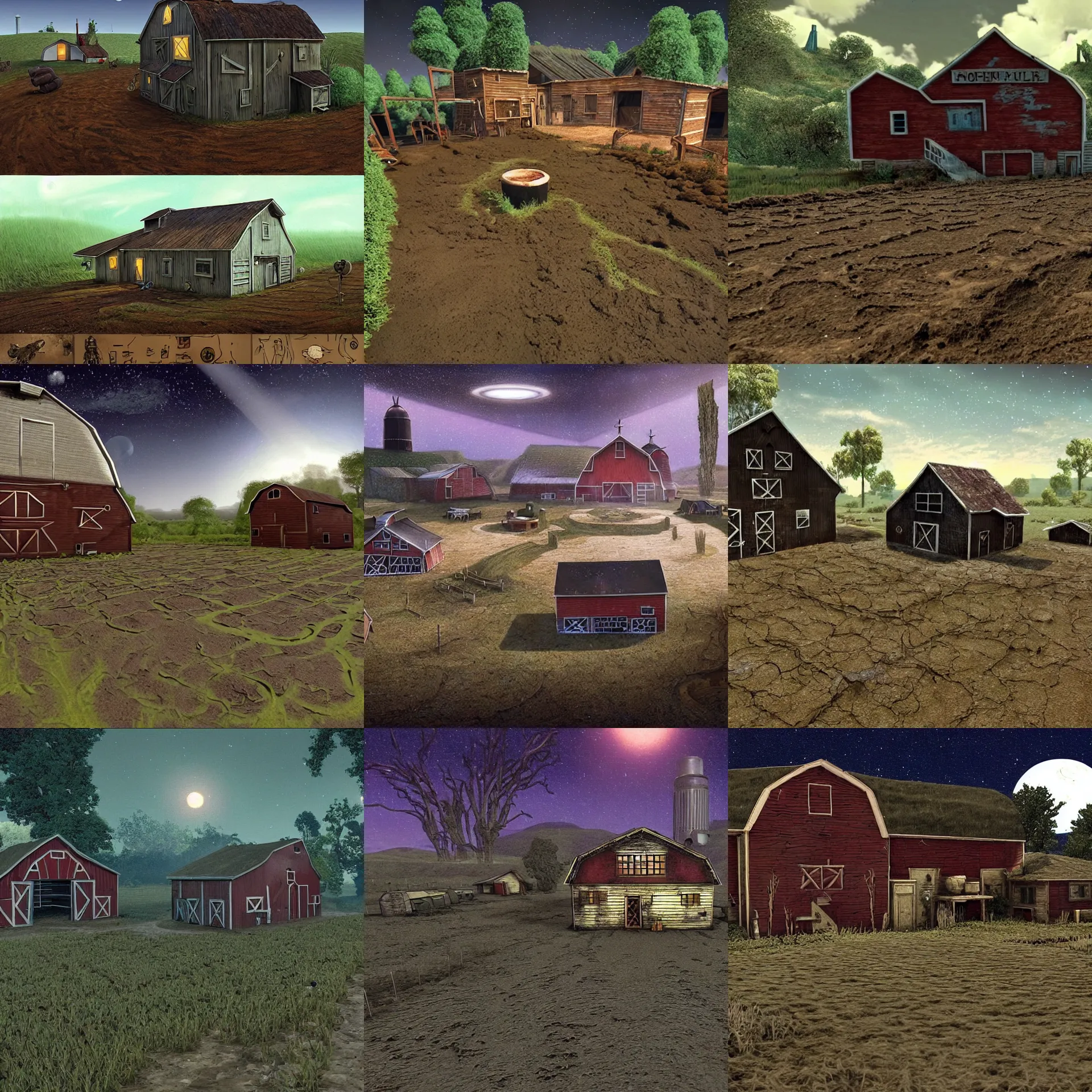 Prompt: next to a farm house and a barn, foot prints in the mud leading from the house to the barn, on a remote planet, with retro sci fi furniture, from a space themed point and click 2 d graphic adventure game, detailed, set design inspired slightly by hg giger, art inspired by thomas kinkade