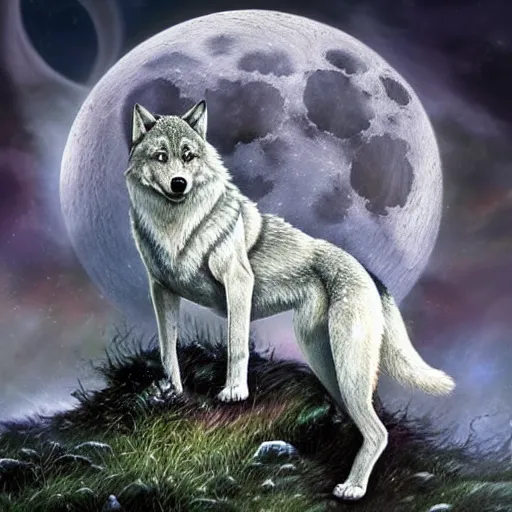 Image similar to a diamond wolf in front of full moon, fantasy art, high definition