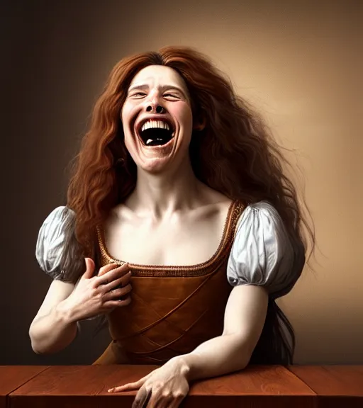 Prompt: portrait of a long - haired woman laughing at a joke sitting upon a table with heightened detail, poised, intense emotion, detailed facial expression, detailed surroundings, intricate, elegant, highly detailed, centered, digital painting, artstation, concept art, smooth, sharp focus, illustration, by ( leonardo da vinci ), wlop