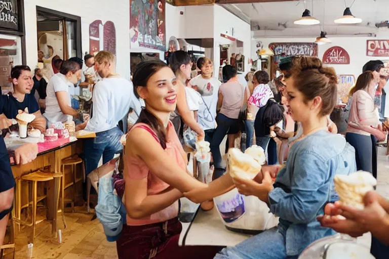 Prompt: crowd buying ice cream in an ice cream parlor