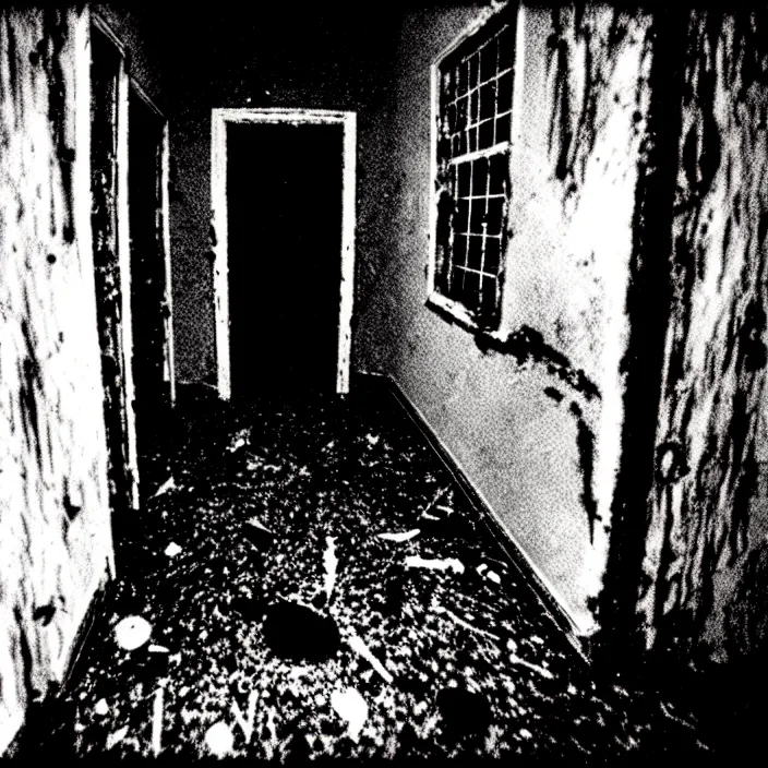 Image similar to unspeakable horrors, nightmare, horror, unknown, dark, liminal space, abandoned house, red eyes, 3 5 mm, found footage, cosmic horror, film shot