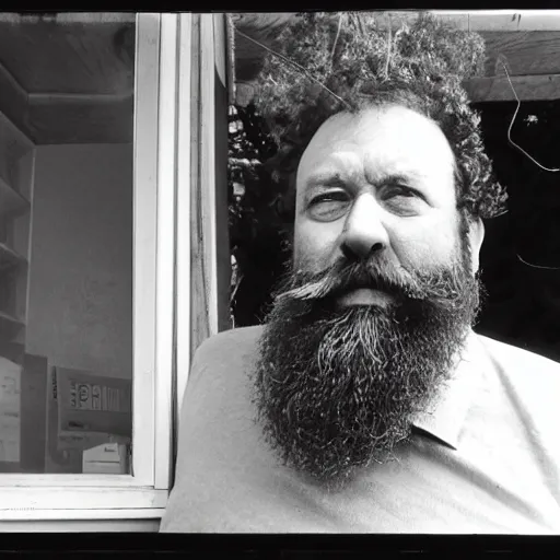 Prompt: a grumpy, top-heavy 60 year old man with short curly brown hair and a big beard sitting on his back porch next to a table covered in empty cigarette cartons and lottery tickets, 8mm lens photography,