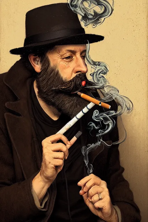 Image similar to portrait of a middle - aged writer with a beard, he is smoking a cigarette, style of greg rutkowski