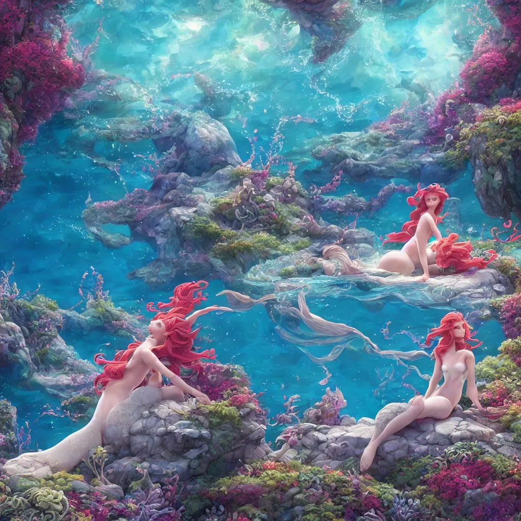 Image similar to the little mermaid singing in the colorful ocean, correct human body and perspective, pearls and shells, fantasy art by ferdinand knab, makoto shinkai and ilya kuvshinov, rossdraws, tom bagshaw, trending onstudio ghibli, radiant light, highly detailed, octane render, 8 k