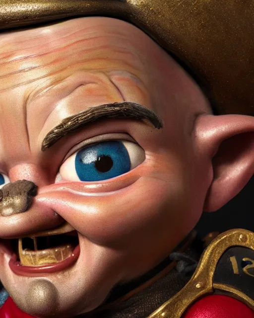 Image similar to highly detailed closeup, face profile portrait of a tin toy leonardo dicaprio as a medieval goblin eating cakes in a castle, hyper realistic, artstation, illustration, nicoletta ceccoli, mark ryden, lostfish, dan decarlo, bob clampett, max fleischer, digital paint, matte paint, vivid colors, detailed and intricate environment