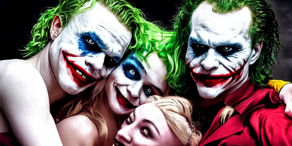 Image similar to heath ledger as the joker and margot robbie as harley quinn, posing shot, cinematic, ultra realistic, low lighting