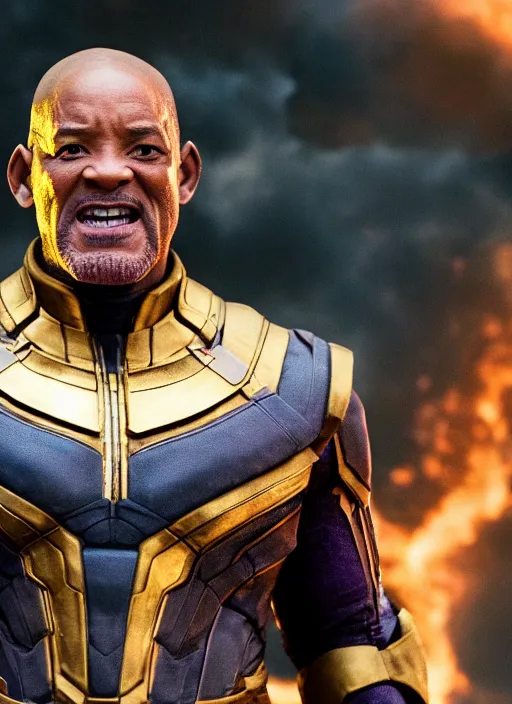 Image similar to film still of Will Smith as Thanos in Avengers Endgame, 4k