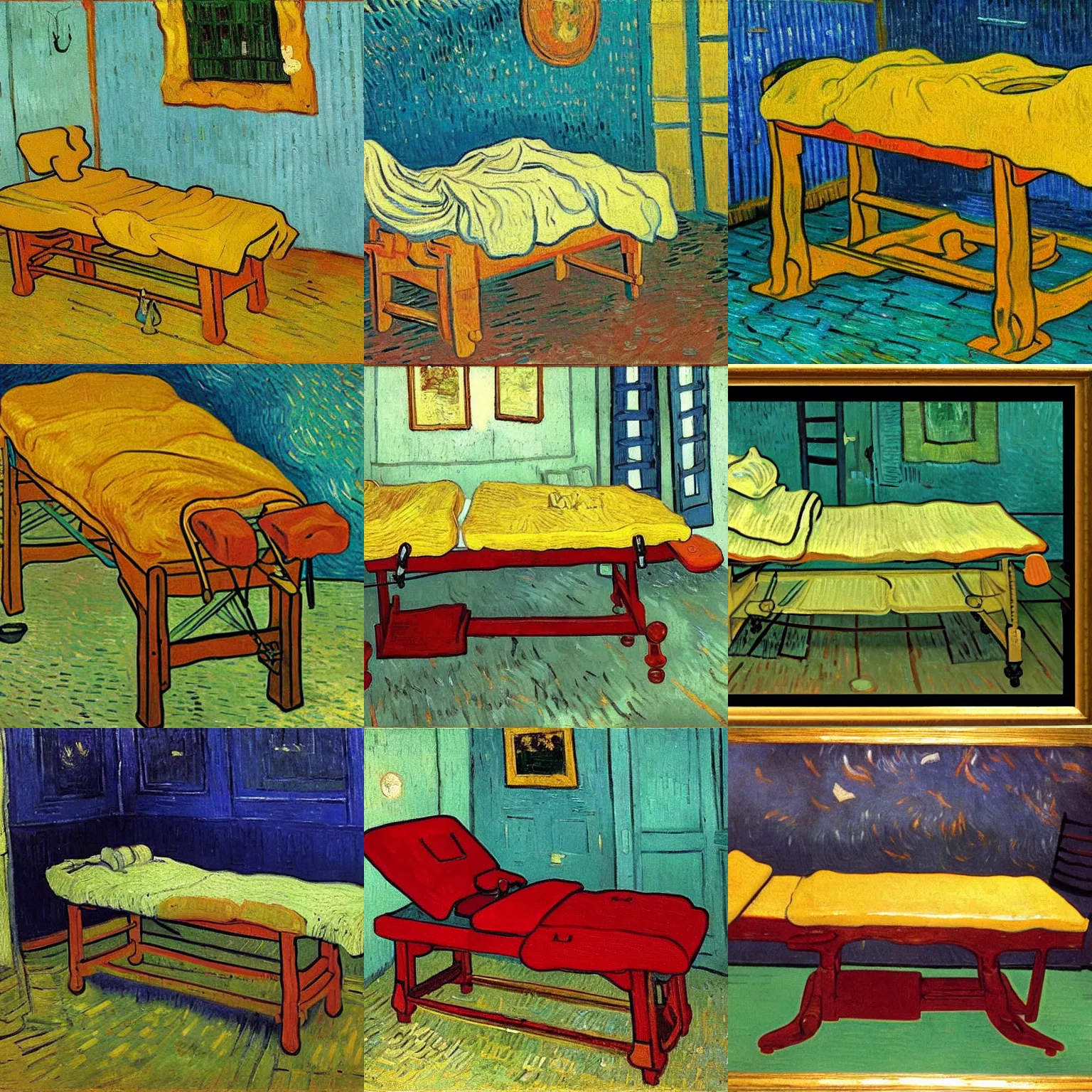 Prompt: a painting of massage table, by van gogh