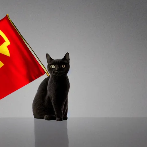 Prompt: a cat clenching his fist in front of the communist flag staring at the horizon