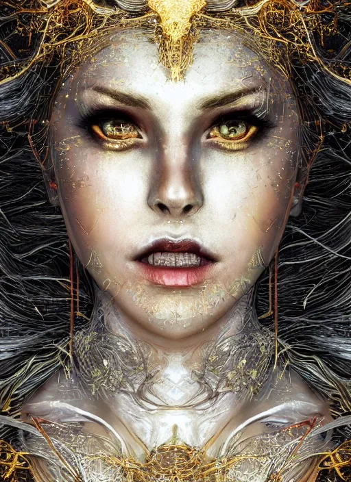 Image similar to glowing silver and golden elements, full close-up portrait, dark witch from shutterstock, book cover, green forest, white moon, red lips, establishing shot, extremly high detail, photo-realistic, cinematic lighting, pen and ink, intricate line drawings, by Yoshitaka Amano, Ruan Jia, Kentaro Miura, Artgerm, post processed, concept art, artstation, matte painting, style by eddie mendoza, raphael lacoste, alex ross