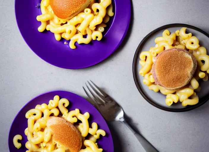 Prompt: dslr food photograph of hamburger over a bed of macaroni and cheese, thanos themed 8 5 mm f 1. 8