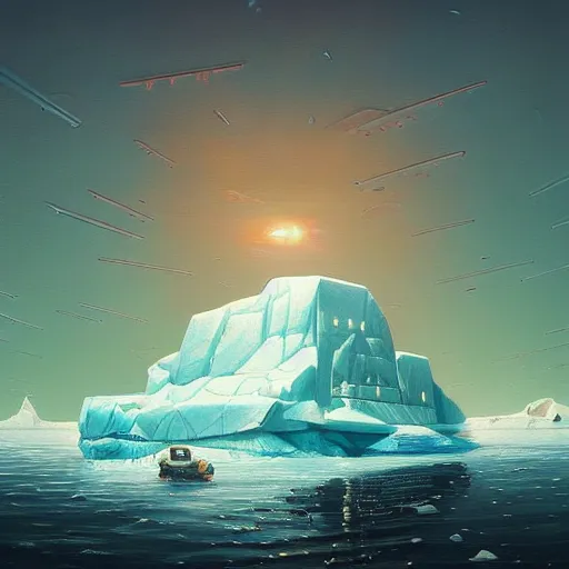 Image similar to beautiful painting of a dreamy iceberg industrial complex in the style of Simon Stålenhag and H. R. Giger, detailed, trending on Artstation