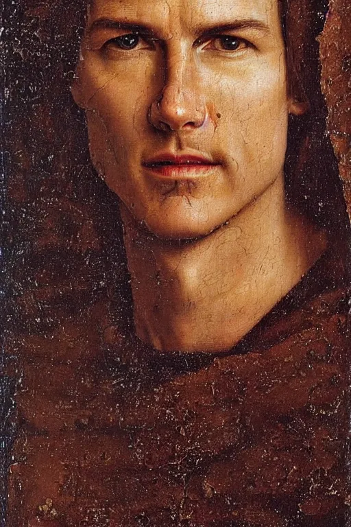 Image similar to renaissance 1 6 0 0 portrait of tom cruise, oil painting by jan van eyck, northern renaissance art, oil on canvas, wet - on - wet technique, realistic, expressive emotions, intricate textures, illusionistic detail