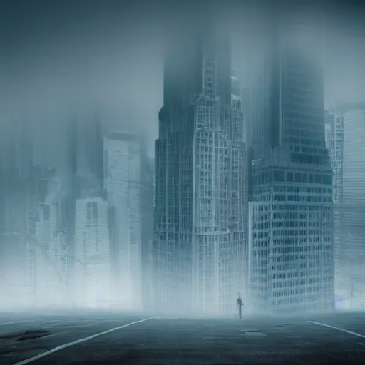 Image similar to a foggy city with tall buildings and a monster obscured by the fog moving between the buildings, found footage style, 8k, hyper realistic