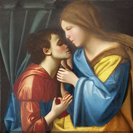 Image similar to an oil panting of a young jesus kissing maria maddalena