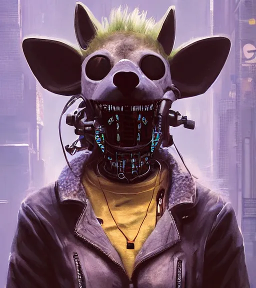 Image similar to new york city portrait icon of furry anthro anthropomorphic spotted hyena head animal person fursona wearing clothes strange cybernetic metal muzzle gloomy rainy screenshot from the video game cyberpunk 2077 digital art by Greg Rutkowski, Simon Stalenhag, christopher nolan trending on Artstation, CGSociety