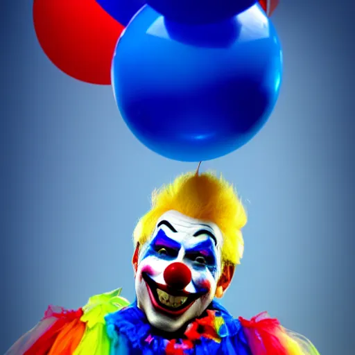 Image similar to realistic colorful beautiful cinematic epic image of a clown holding a blue ballon lost in a fair