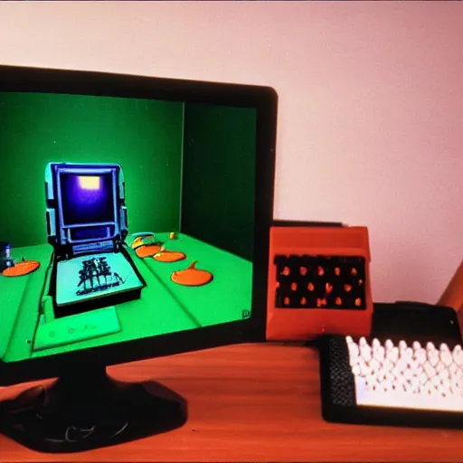 Image similar to photo of playing a computer game on an old black and green screen monitor in 1 9 8 5, ultima 4 adventure game, the room is dark and wide, cans of soda and cupcake packages scattered, atari joystick