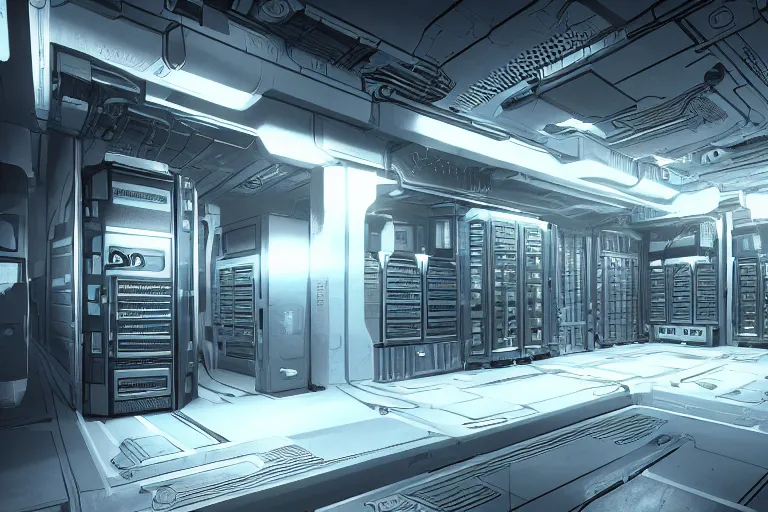 Prompt: parallax datacenter server room interior single mono colossus white rusty android guest robosaurus tusk artstation cinematic detailed concept art sharp coherent cgsociety symmetric perfect well balanced shadows lotr supercomputer starwars