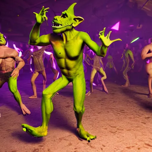 Image similar to goblins partying at a rave, green skin, mosh pit, goblin dance club, octane render, 8 k, fantasy