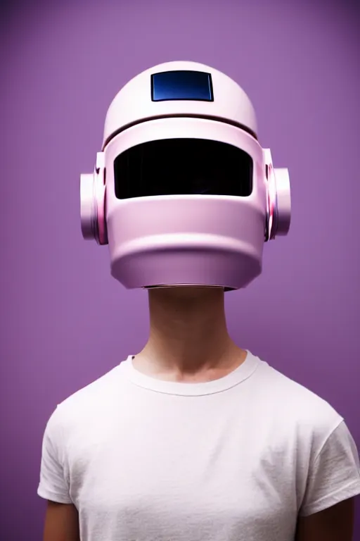 Prompt: a high definition film photograph of a normal androgynous robot human wearing a plain white t - shirt, in a pastel pink room. happy. metal visor covering eyes. mirrored chrome material helmet. crushed shadows.