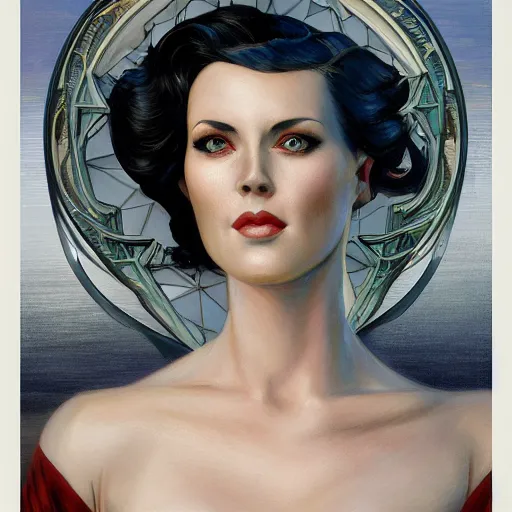 Prompt: a streamline moderne, art nouveau, multi - racial portrait in the style of charlie bowater, and in the style of donato giancola, and in the style of charles dulac. intelligent, expressive eyes. symmetry, ultrasharp focus, dramatic lighting, semirealism, intricate symmetrical ultrafine background detail.