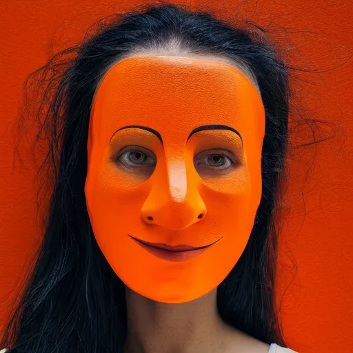 Image similar to portrait of a woman wearing a orange mask, orange background, studio lighting