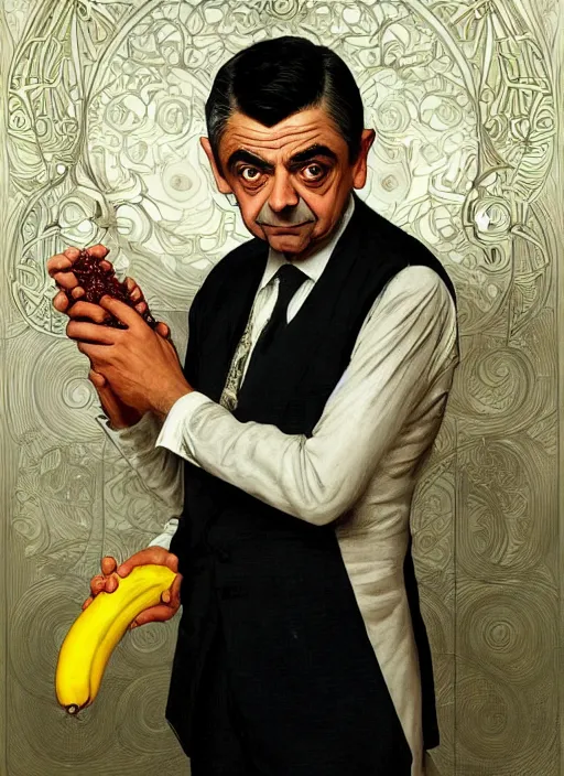 Image similar to Rowan Atkinson as cross eyed Mister Bean holding a banana, intricate, elegant, highly detailed, centered, digital painting, artstation, concept art, smooth, sharp focus, illustration, art by artgerm and donato giancola and alphonse mucha