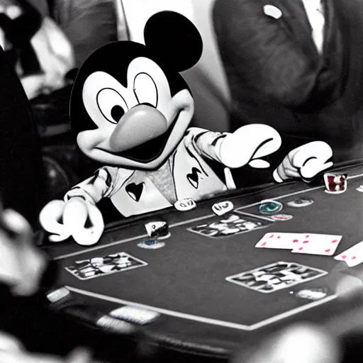 Image similar to kermit playing poker with mickey mouse in las vegas