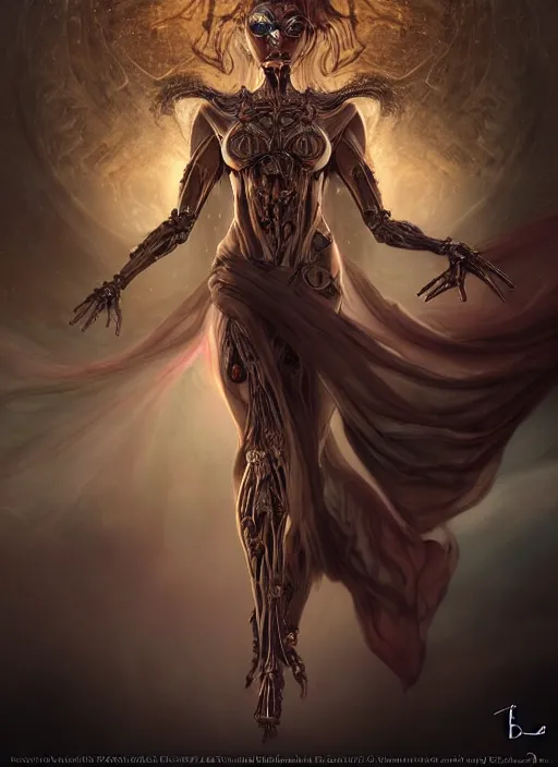Image similar to epic portrait of menacing and agitated yet stunningly beautiful biomechanical djinn the unwilling god of creation overseeing the iridescent fabric of the universe, by charlie bowater, mandy jurgens, gustav klimt, octane render, dramatic camera angle, 4k, 8k, high detail, HDR, by tom bagshaw, powerful, with inspiration from Beksinski, inspired by greek goddess Athena