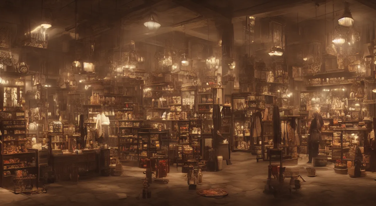 Image similar to A hyper realistic matte painting of interior of a western style shop with shopkeeper, 4k, artstation, cgsociety, cinematic lighting