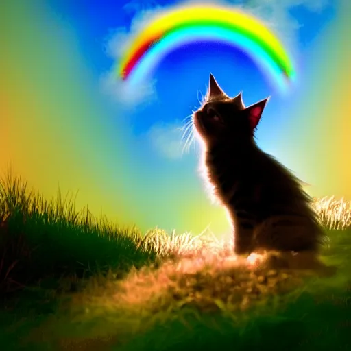 Prompt: of a very proud fluffy rainbow kitten howling at moon with a glowing rainbow aura