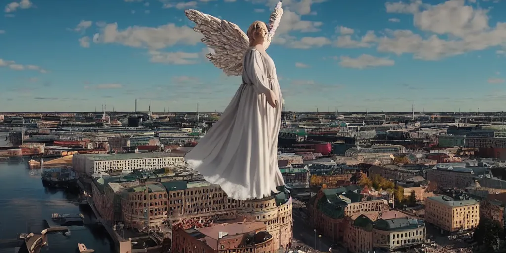 Prompt: beatiful angel floating top of helsinki finland, cinematic composition, shot on film, hyper realistic, 4k resolution