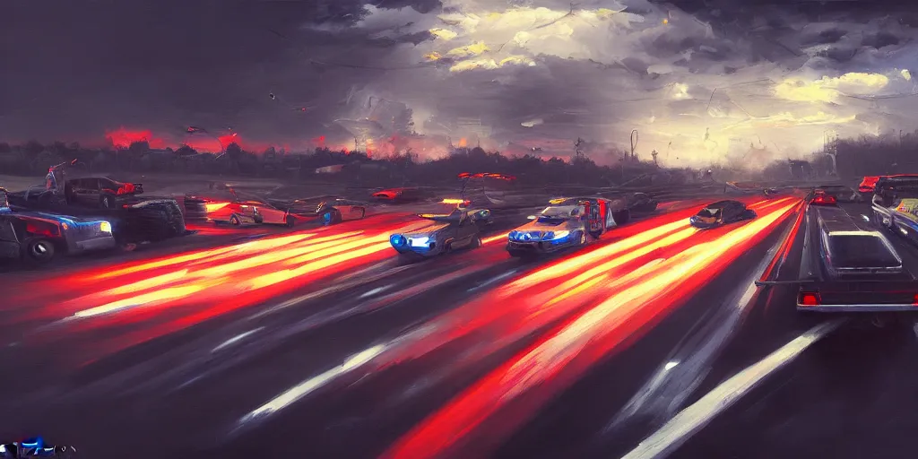 Image similar to Ignacio Bazan Lazcano painting of a vehicle battle on highway, dramatic lighting, wide angle lens, dutch angle, trending on Artstation, highly detailed