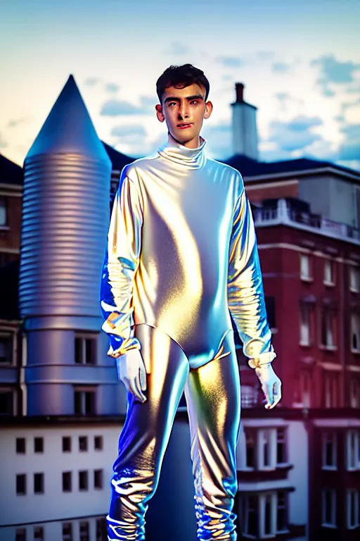 Image similar to un ultra high definition studio quality photographic art portrait of a young man standing on the rooftop of a british apartment building wearing very soft baggy inflated padded silver iridescent pearlescent clothing. three point light. extremely detailed. golden ratio, ray tracing, volumetric light, shallow depth of field. set dressed.