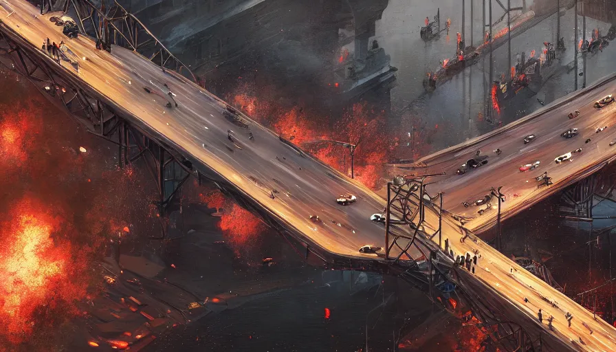 Prompt: bridge collapsed with people and cars on it, movie scene, various artists, explosion, hyperdetailed, artstation, cgsociety, 8 k