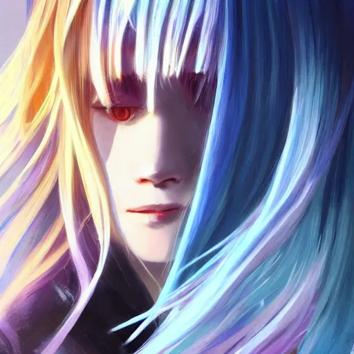 Image similar to profile shot of rimuru tempest, sky blue, straight hair, long bangs, amber eyes, wearing a black jacket with white stripes, high collar, highly detailed, unreal engine 5, digital painting, cinematic, wlop | artgerm, pixiv, yoshitaka amano, greg rutkowski, ilya kuvshinov, andy warhol