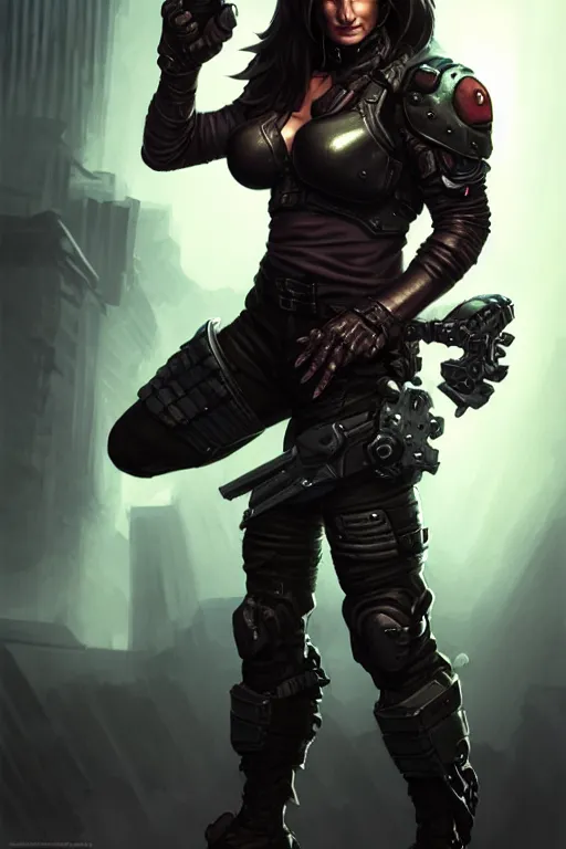 Image similar to gina carano as a shadowrun ork with prothesis metallic left arm, casual black clothing, muscular, realistic proportions, casual pose, large portrait, sci - fi, rpg character, digital painting, artstation, concept art, smooth, 8 k frostbite 3 engine, ultra detailed, art by artgerm and greg rutkowski and magali villeneuve