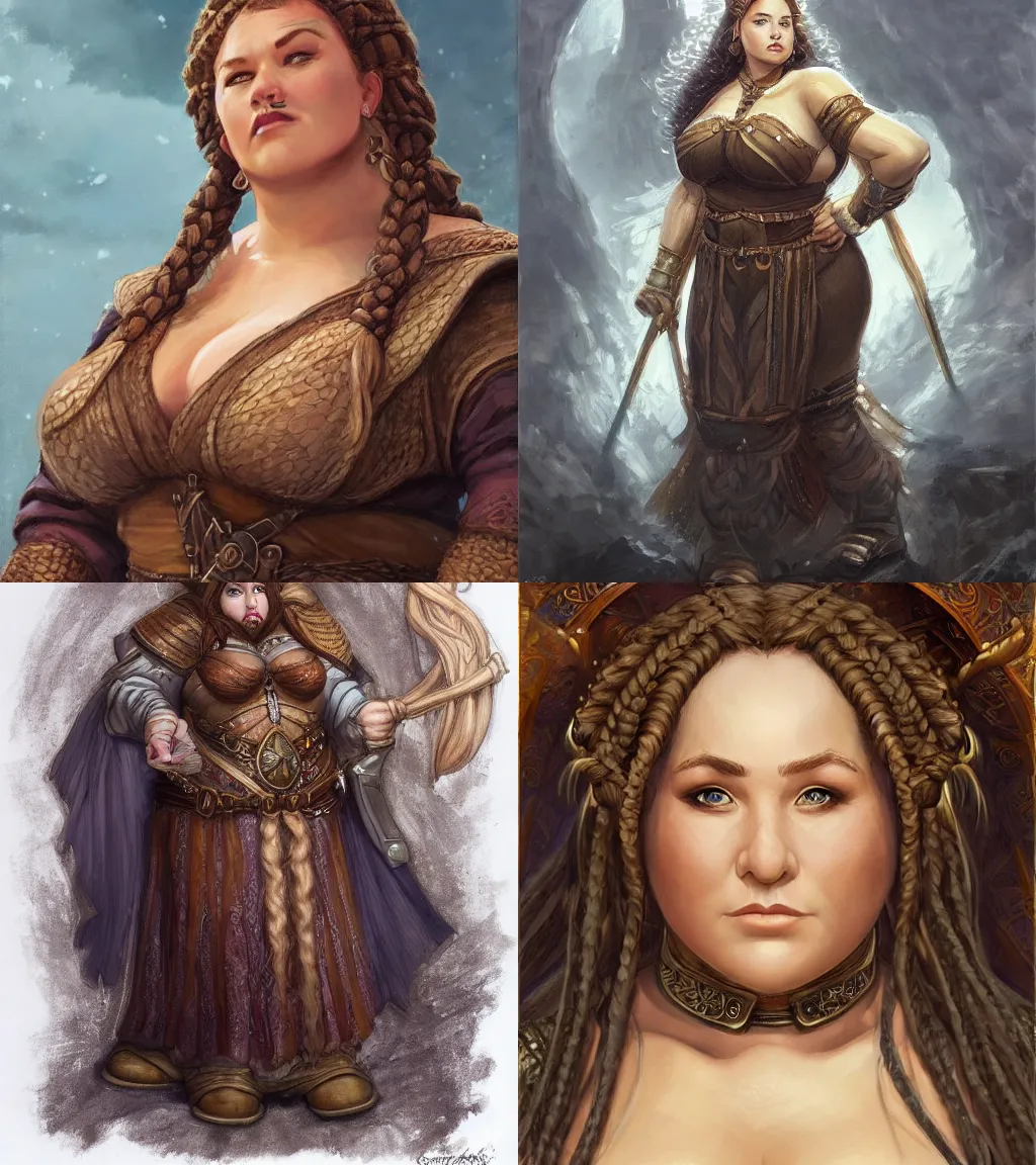 Prompt: plump female dwarven noblewoman | complex braided hairstyle | hyperdetailed | donato giancola | waist-up portrait | big nose, chubby body | dungeons and dragons |