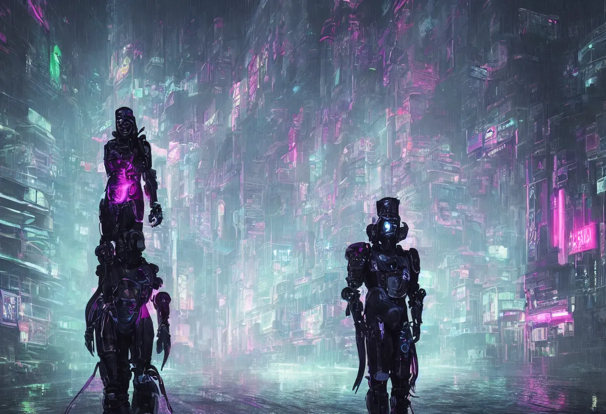 Prompt: an epic portrait of a cyberpunk robot wizard knight wearing a neon robe posing in a mist-filled brutalist international futurist megacity, muted neon and constant rain and fog, unreal 5, DAZ, detailed, soft focus, brilliant colors, high contrast, brilliant highlights, 4k, 8k, HD, trending on artstation, trending on DeviantArt, painting oil on canvas illustration by Alena Aenmai by Wayne Barlowe by Gerald Brom by Noah Bradley by Thomas Kincade