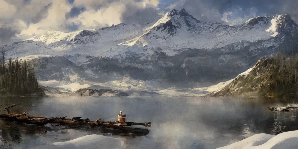 Prompt: a beautiful mountain lake surrounded by snowcapped mountains a single tiny log cabbin with smoke coming from the chimney and an single old truck by anders zorn and James Gurney and Greg Rutkowski, landscape, scenery, trending on artstation