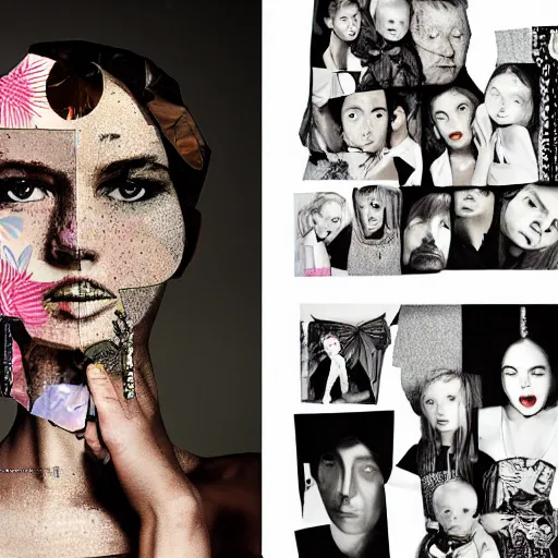 Prompt: a collage made out of fragments of printed images taken from online , fashion magazines, and family photographs all coming together to form hybrid faces with twisted features in the Dadaesque style, mixed media