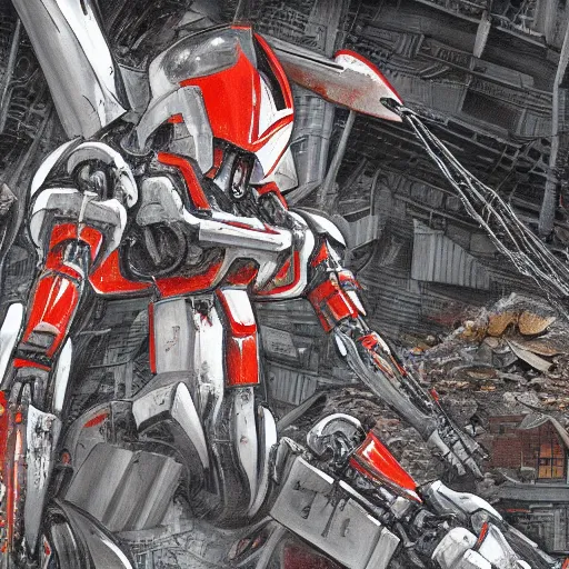 Prompt: a mecha pilot is impaled violently on a piece of rebar amongst building debris, digital painting masterpiece by joji morikawa, 4 k anime wallpaper, bloody