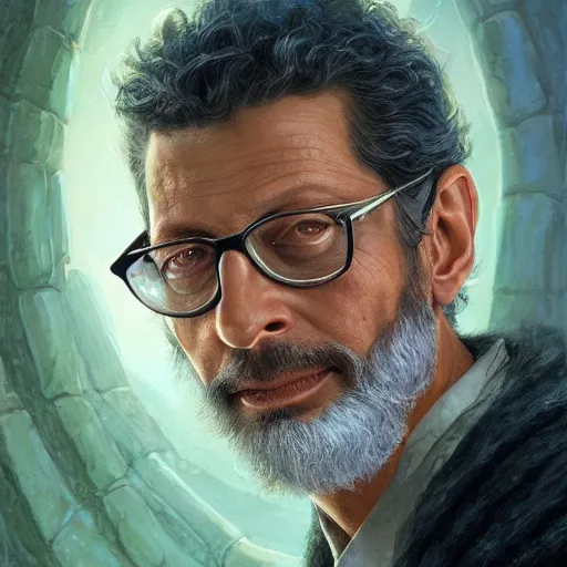 Image similar to jeff goldblum as a realistic fantasy d & d wizard, closeup portrait art by donato giancola and greg rutkowski, realistic face, digital art, trending on artstation