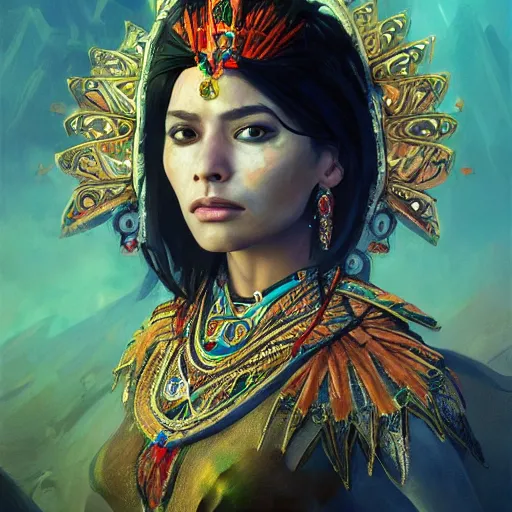 Image similar to queen of the aztecs, gorgeous portrait, intricate, elegant, volumetric lighting, scenery, digital painting, highly detailed, artstation, sharp focus, illustration, concept art, ruan jia, steve mccurry