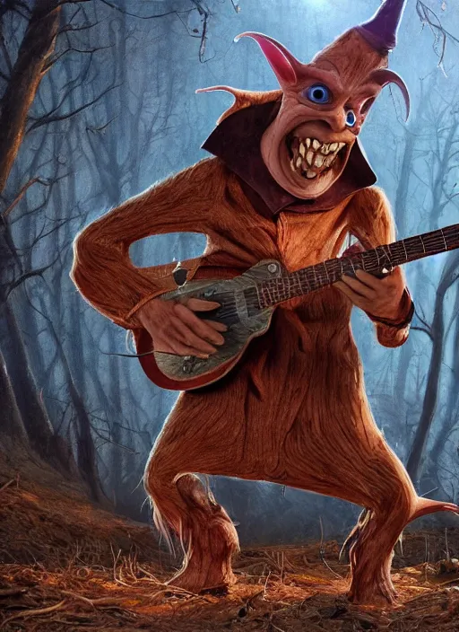 Prompt: a cute sharply dressed goblin playing the blues on an old guitar, in the style of boris valejo and patrick woodroffe, fantastic, dramatic lighting, smokey, forest, hyperrealistic, detailed, octane render