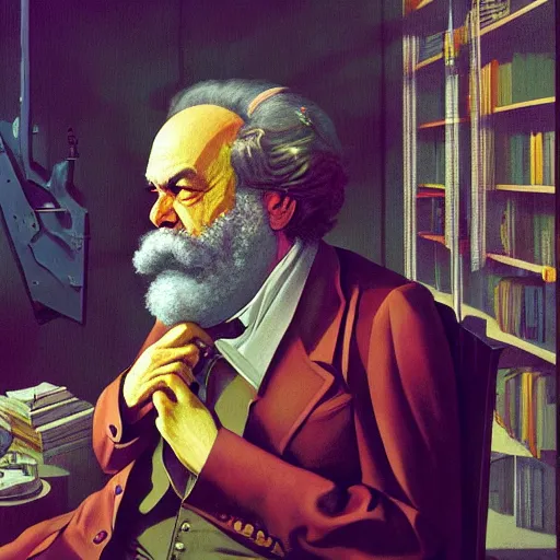 Prompt: Karl marx dreaming about capitalism, highly detailed, very coherent, painted by Francis Bacon and Edward Hopper, Wayne Barlowe, painted by James Gilleard, surrealism, airbrush, art by JamesJean
