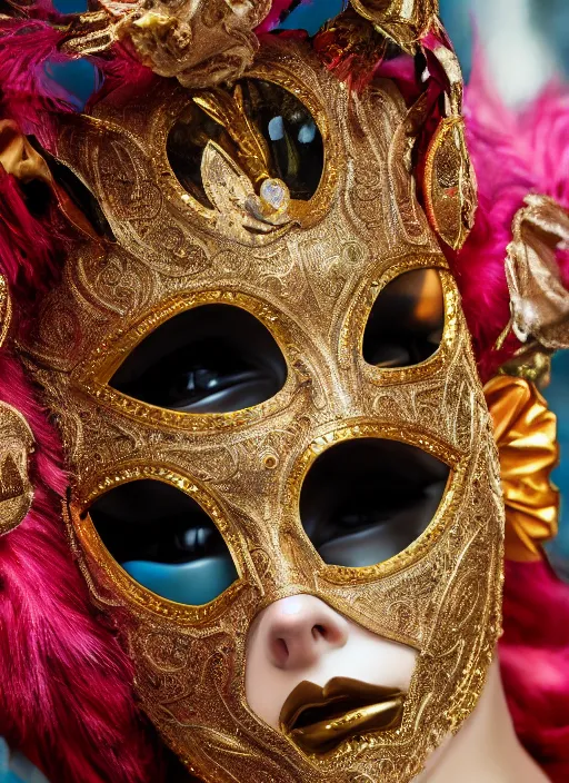 Prompt: closeup of A beautiful woman in an ornate Venice Carnival Mask, 8K, octane render, 8K,